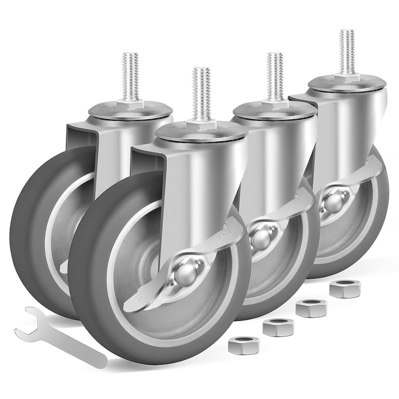 FOCBUGU 4 Inch 3/8-16x1 Threaded Stem Caster Wheels with Brake, Set of 4 Heavy Duty Locking Wheel, TPR Soft Quiet Swivel Casters for Cart, Furniture and Shelving - Image 1